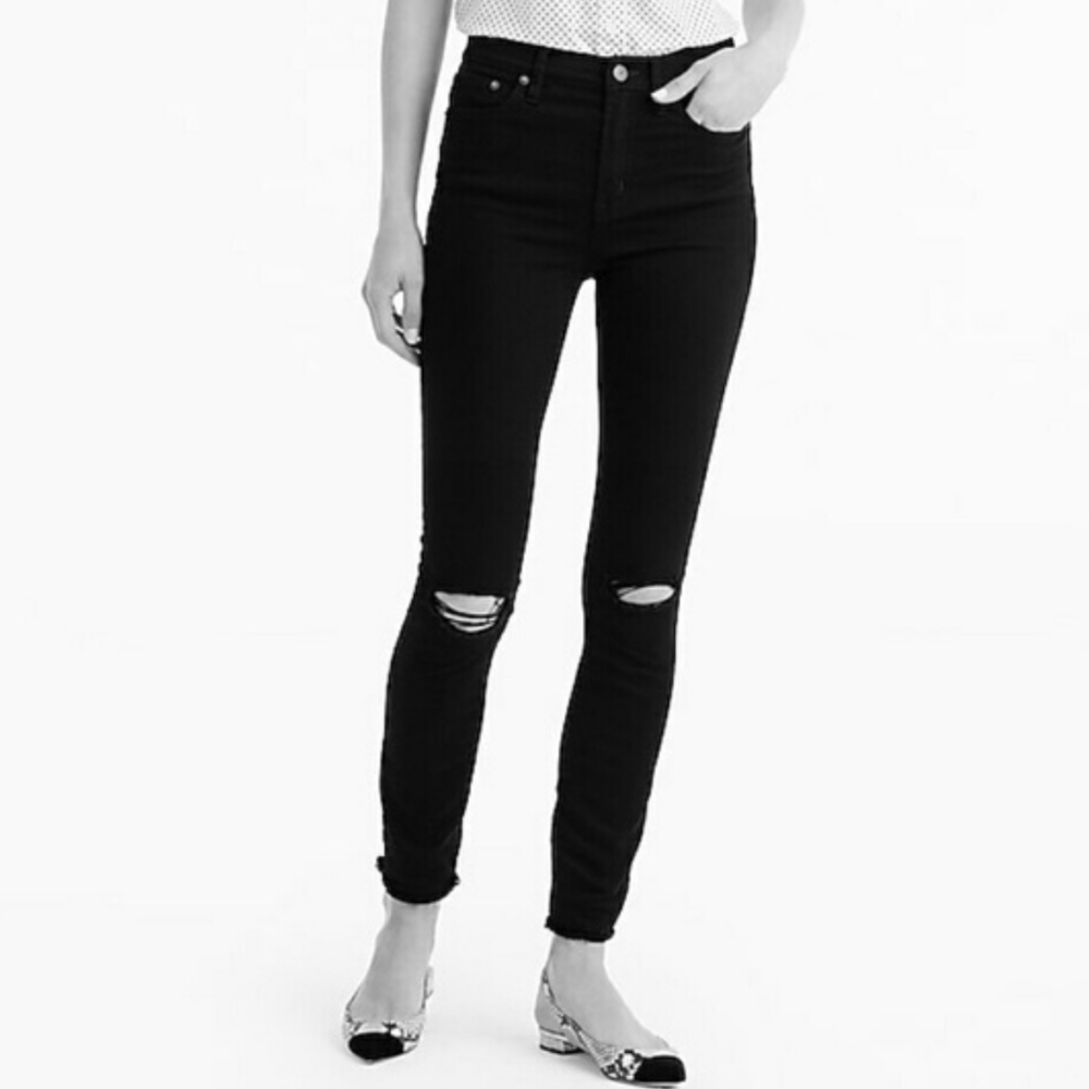 J. Crew Lookout High Rise Skinny Distressed Dark Wash Jean.